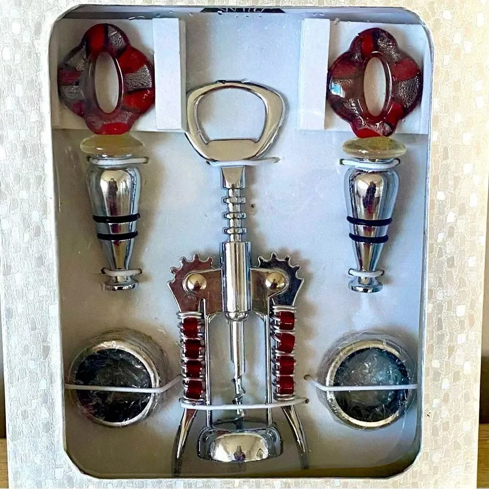 NWT New Wild Eye Designs Red & Silver 5 Piece Wine Gift Set. Holidays Christmas